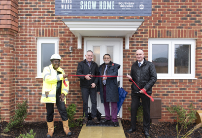 Featured in the photo (from left to right): Bunmi Atta (Director of Construction at Southern Housing), Mike Link (Chair of the ABE CLT), Cllr Michael Warden (Chair of Aldingbourne Parish Council) and Steve Underwood (Development Manager at Southern Housing).